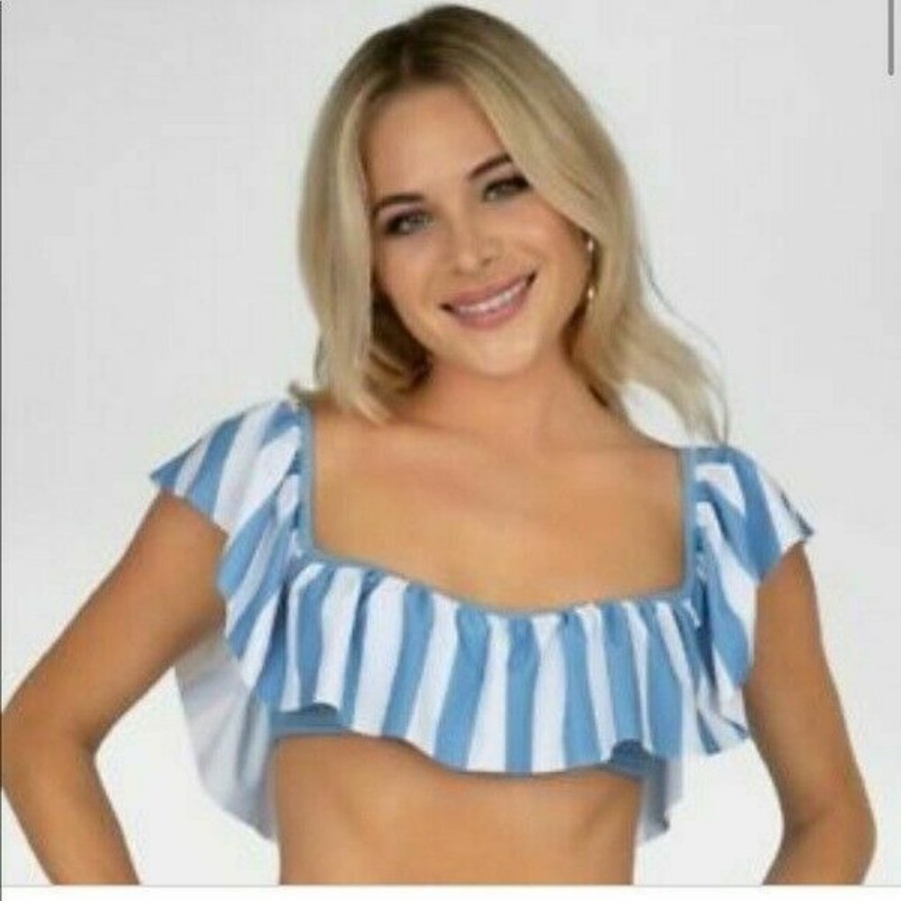 Lolli Swim Bikini Top Ruffle Bandeau Striped Blue White Swimsuit Sugar Coast